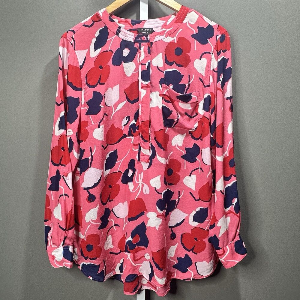 Talbots Washable Silk Blouse Women's L Pink Floral Career Office Travel Resort